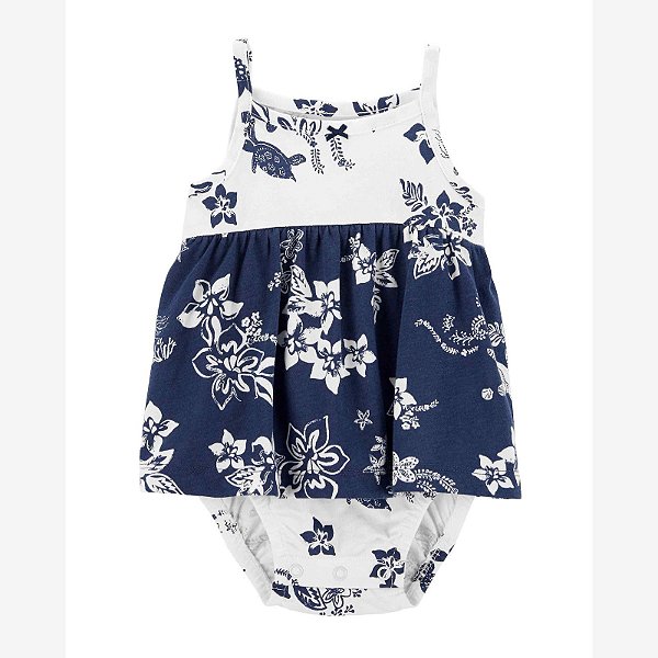 Romper Vestido Infantil Menina Carters Azul Flores