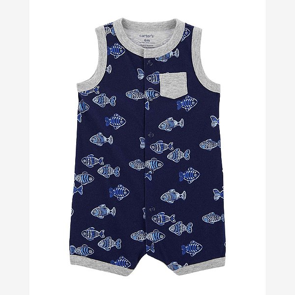 Romper Infantil Menino Carters Regata Azul Marinho Peixe