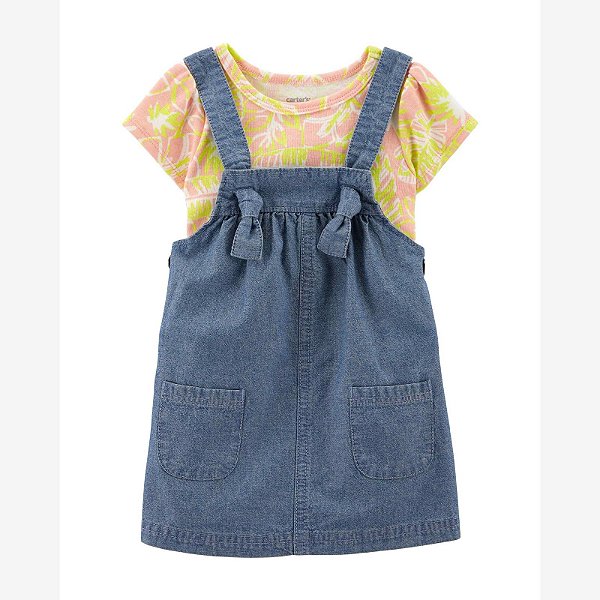 Vestido Infantil Menina Carters Jeans Com Body Rosa e Amarelo