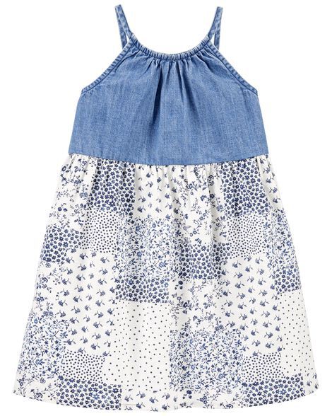 Vestido Infantil Menina Oshkosh Alça Jeans e Floral Azul