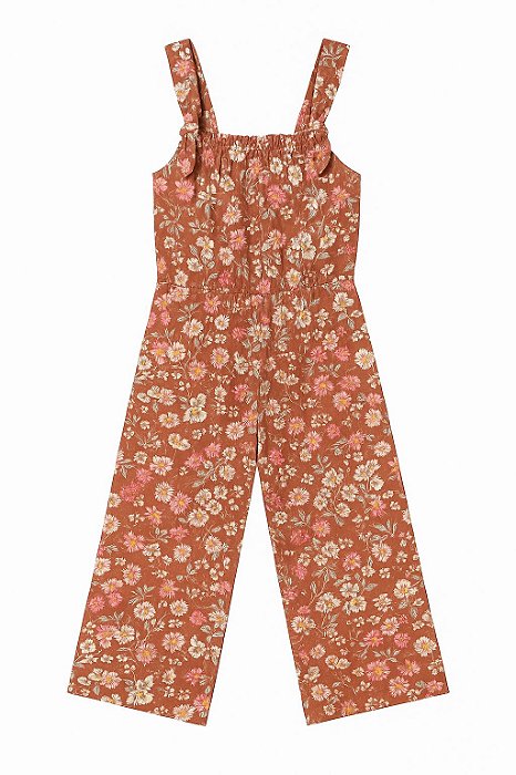 Macacão Infantil Menina Oshkosh Marrom Alça Flores