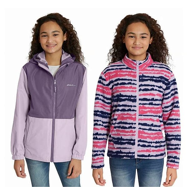 Jaqueta Infantil Menina Eddie Bauer Dupla Face Lilás e Listrada