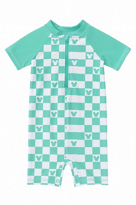 Macacão Infantil Disney Menino - Praia - Verde Xadrez Mickey - Proteção Solar