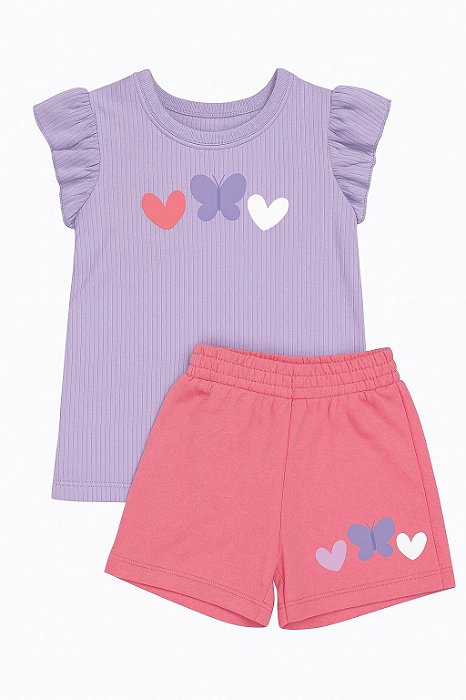 Conjunto Menina 2 Peças Pekkle Camiseta Borboleta Com Shorts Rosa