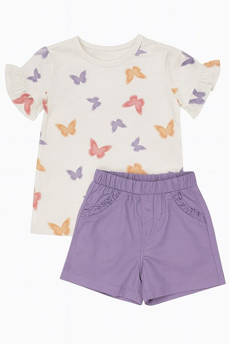 Conjunto Menina 2 Peças Pekkle Camiseta Bege Borboleta Com Shorts Lilás