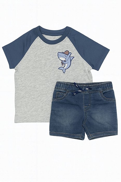 Conjunto Infantil Menino Carters Camiseta Cinza Tubarão Bermuda Jeans