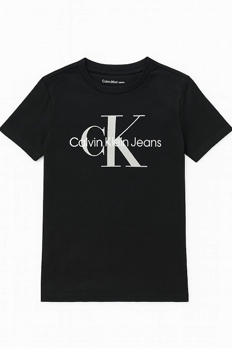 Camiseta Infantil Menino Calvin Klein Manga Curta Preta Logo Prata