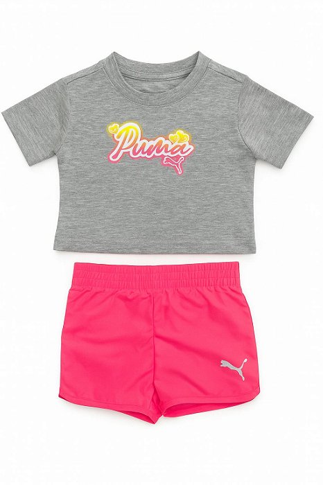 Conjunto Infantil Menina Puma 2 Peças Camiseta Cinza Shorts Pink