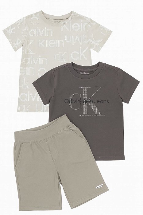 Conjunto Infantil Menino Calvin Klein 3 Peças Camiseta Bege Estampa
