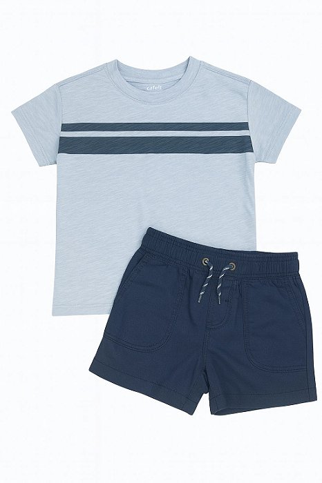 Conjunto Infantil Menino Carters 2 Peças Camiseta Azul Claro Listras Bermuda Azul Marinho