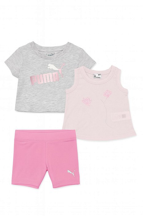 Conjunto Infantil Menina Puma 3 Peças Camiseta Cinza Shorts Pink e Regata
