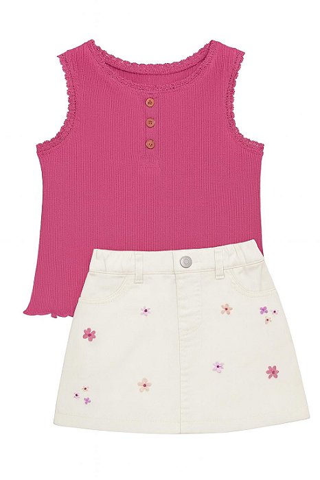 Conjunto Infantil Menina Oshkosh 2 Peças Regata Bordô Saia Jeans Bordada