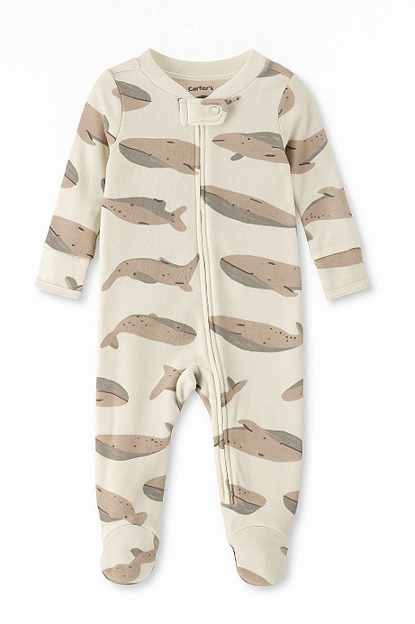 Macacão Infantil Menino Bege Baleia Algodão