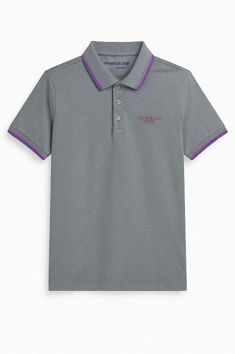 Camiseta Infantil Menino Calvin Klein Gola Polo Cinza Detalhe Roxo