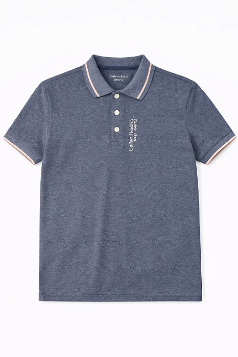 Camiseta Infantil Menino Calvin Klein Gola Polo Azul Detalhe Bege