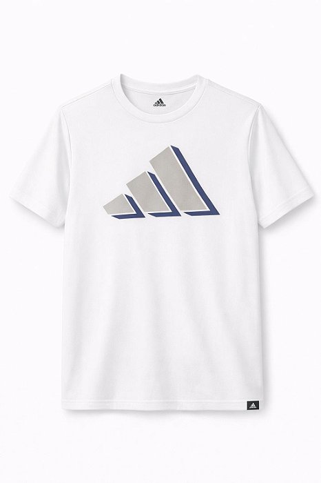 Camiseta Infantil Menino Adidas Dry Fit Branca Logo Bege e Azul