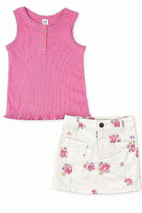 CONJUNTO MENINA OSHKOSH REGATA BORDÔ CANELADA E SAIA JEANS BEGE FLOR
