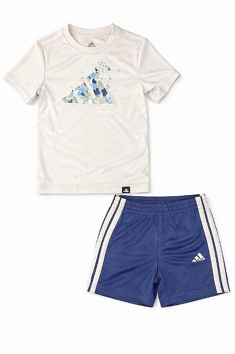 CONJUNTO INFANTIL MENINO 2 PEÇAS ADIDAS CAMISETA BEGE BERMUDA AZUL