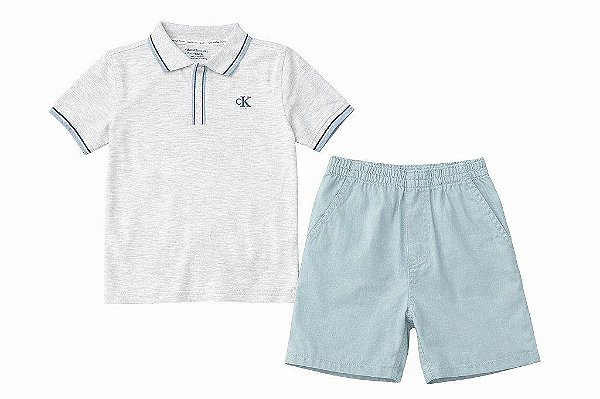 CONJUNTO INFANTIL MENINO CALVIN KLEIN POLO CINZA BERMUDA VERDE