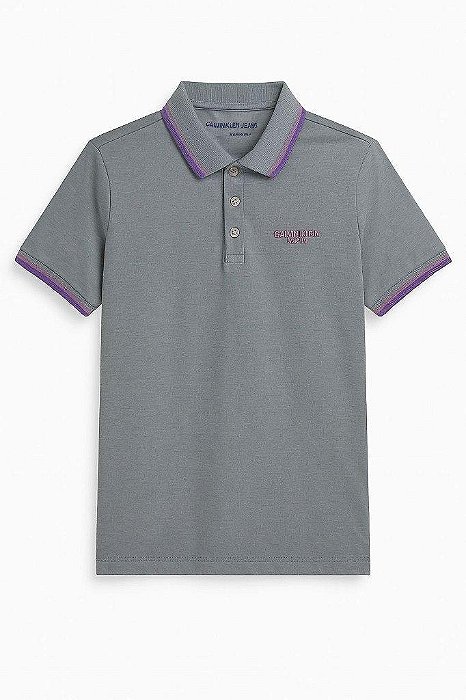 CAMISETA INFANTIL MENINO CALVIN KLEIN GOLA POLO CINZA DETALHE ROXO
