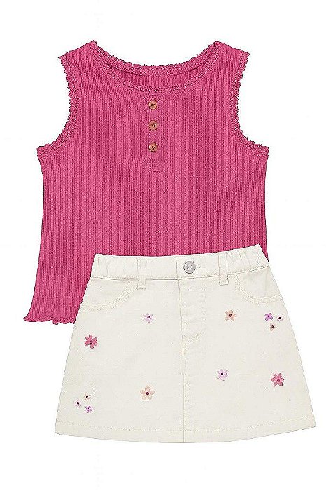 CONJUNTO INFANTIL MENINA OSHKOSH 2 PEÇAS REGATA BORDÔ SAIA JEANS BORDADA
