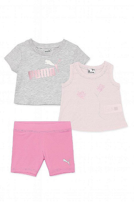 CONJUNTO INFANTIL MENINA PUMA 3 PEÇAS CAMISETA CINZA SHORTS PINK E REGATA