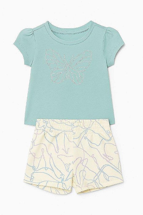 CONJUNTO INFANTIL MENINA PUMA 2 PEÇAS CAMISETA VERDE SHORTS BORBOLETA