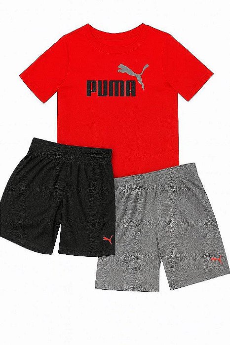 CONJUNTO INFANTIL MENINO PUMA 3 PEÇAS CAMISETA VERMELHA 2 BERMUDAS