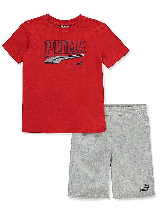 CONJUNTO INFANTIL MENINO PUMA CAMISETA VERMELHA BERMUDA CINZA