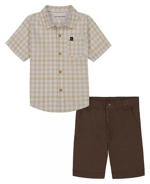 CONJUNTO INFANTIL MENINO CALVIN KLEIN 2 PEÇAS CAMISA XADREZ BEGE