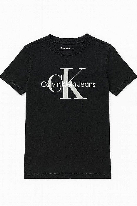 CAMISETA INFANTIL MENINO CALVIN KLEIN MANGA CURTA PRETA LOGO PRATA