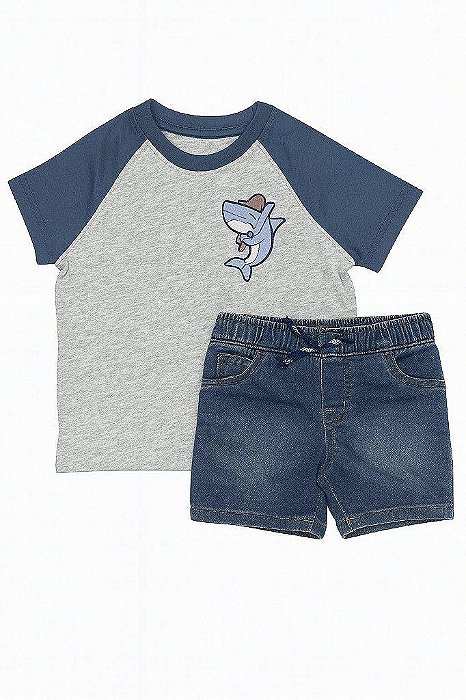 CONJUNTO INFANTIL MENINO CARTERS CAMISETA CINZA TUBARÃO BERMUDA JEANS