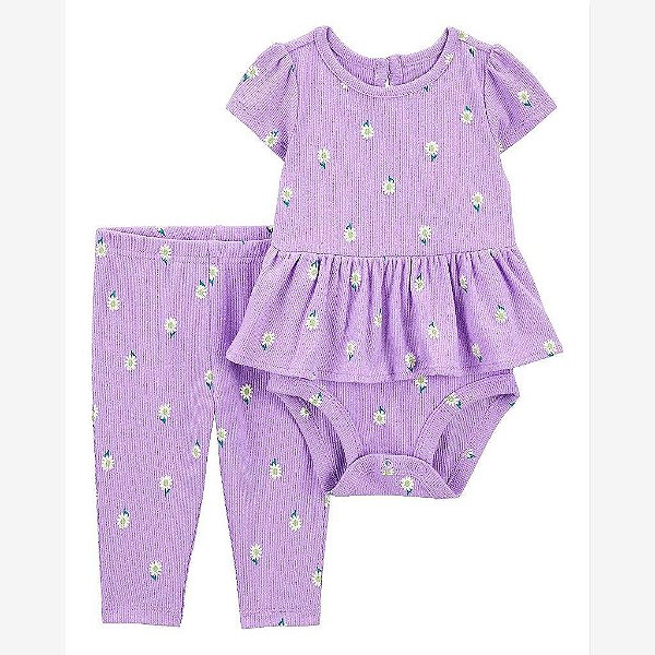 CONJUNTO INFANTIL MENINA CARTERS 2 PEÇAS BODY CANELADO LILÁS MARGARIDA