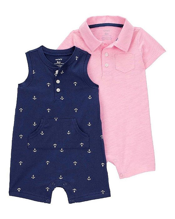 KIT 2 ROMPERS ROSA GOLA POLO E REGATA AZUL ÂNCORA