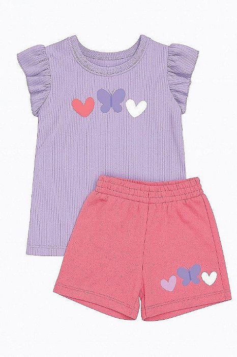 CONJUNTO MENINA 2 PEÇAS PEKKLE CAMISETA BORBOLETA COM SHORTS ROSA