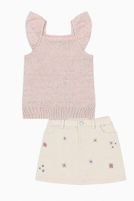 CONJUNTO INFANTIL MENINA CARTERS 2 PEÇAS BATA ROSÊ SAIA JEANS BORDADA