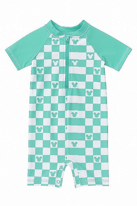 MACACÃO INFANTIL DISNEY MENINO - PRAIA - VERDE XADREZ MICKEY - PROTEÇÃO SOLAR
