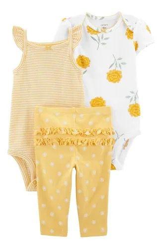 CONJUNTO INFANTIL MENINA CARTERS 3 PEÇAS BODY LISTRAS E FLORAL AMARELO