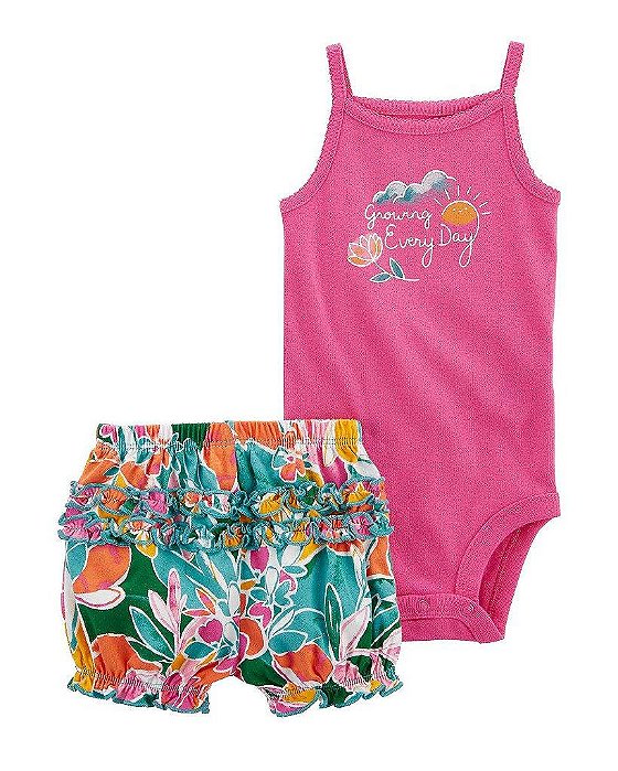 CONJUNTO INFANTIL MENINA CARTERS 2 PEÇAS BODY PINK SHORTS FLORAL