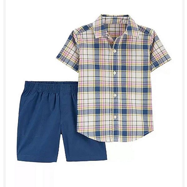CONJUNTO INFANTIL MENINO CARTERS 2 PEÇAS CAMISA XADREZ BERMUDA AZUL