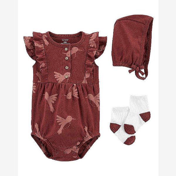 ROMPER INFANTIL MENINA CARTERS MARROM PÁSSARO COM MEIA