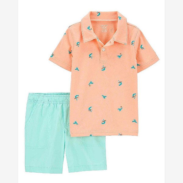 CONJUNTO INFANTIL MENINO CARTERS 2 PEÇAS CAMISETA GOLA POLO LARANJA BALEIA