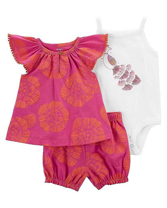 CONJUNTO INFANTIL MENINA CARTERS 3 PEÇAS BATA FLORAL PINK COM BODY