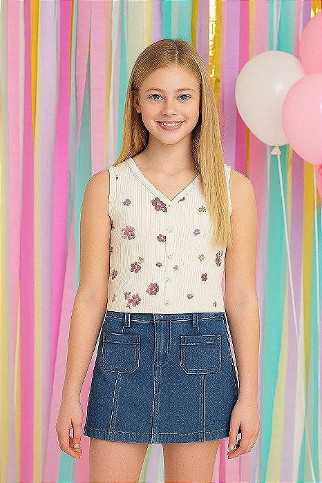 CONJUNTO MENINA OSHKOSH 2 PEÇAS SAIA JEANS E REGATA BEGE FLORAL