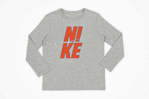 CAMISETA MENINO NIKE MANGA LONGA CINZA LOGO LARANJA