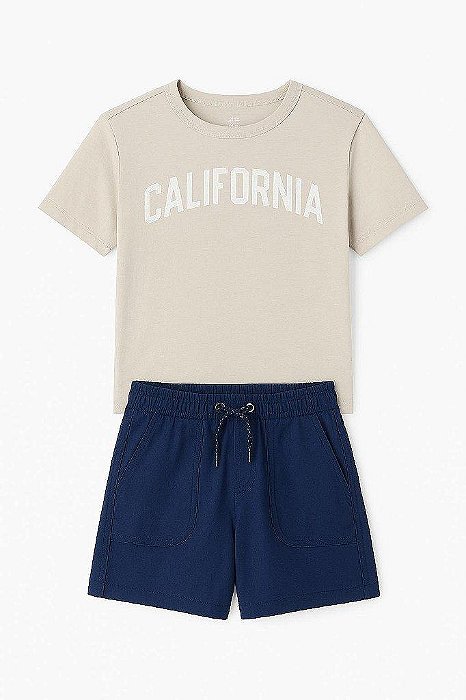 CONJUNTO MENINO CARTERS CAMISETA BEGE CALIFÓRNIA BERMUDA AZUL MARINHO