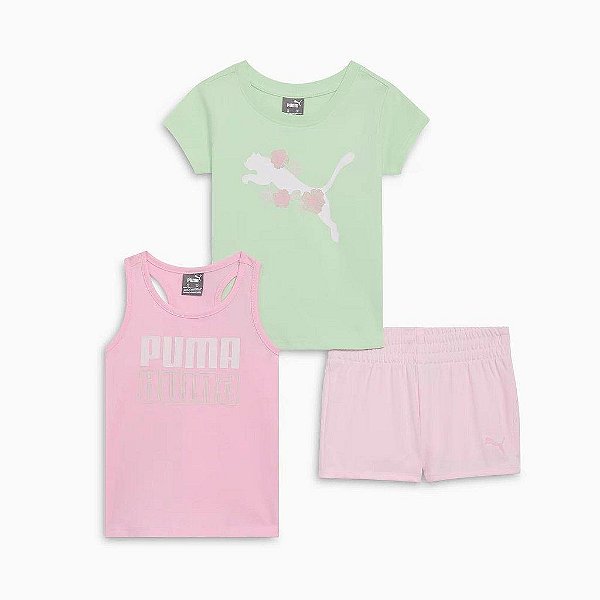 CONJUNTO INFANTIL MENINA PUMA 3 PEÇAS CAMISETA VERDE E REGATA
