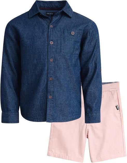 CONJUNTO 2 PEÇAS MENINO DKNY CAMISA JEANS FAKE COM BERMUDA ROSA