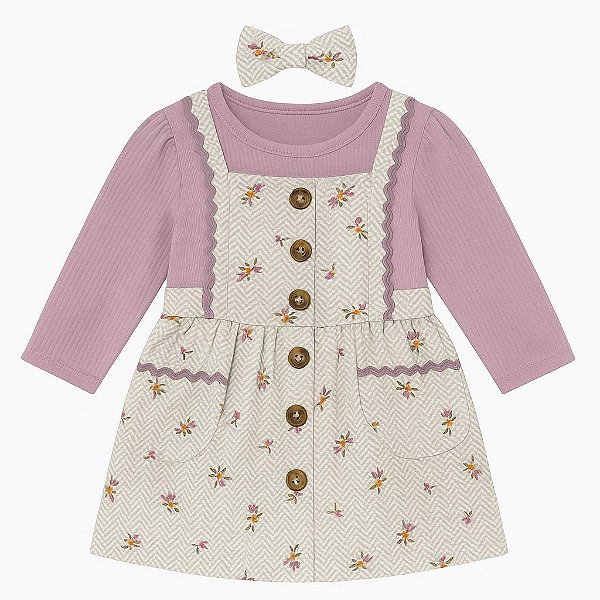 CONJUNTO 3 PEÇAS MENINA NICOLE MILLER VESTIDO E BODY LILÁS COM LAÇO