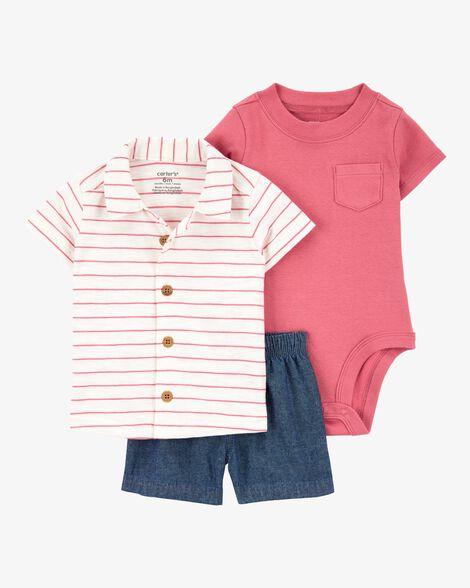 CONJUNTO INFANTIL MENINO CARTERS 3 PEÇAS CAMISA LISTRADA COM BERMUDA